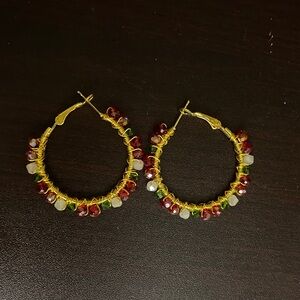 Festive chic Gold Hoop Earrings with Red and Green Beads